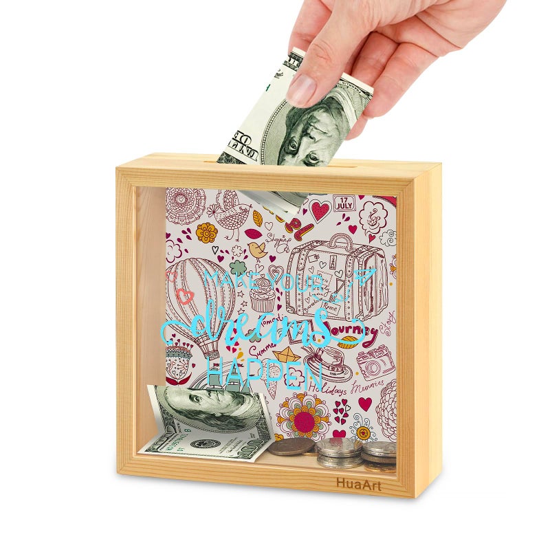 HuaArt Piggy Bank for Kids. Wooden Money Coin Bank for Boys and Girls. Coin Bank Money Bank. Natural Wood Money Box. Printed on The Plexiglass Front-Make Your Dreams Happen. - Image 1